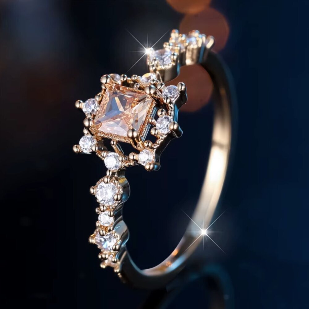 NEW 14k Gold Champagne Princess Cut Diamond Ring Dainty Band - Picture 5 of 7